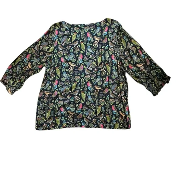 J. Jill Navy Bird Floral Print Top Turquoise Accent Boho Flowy Blouse (Size L) - Picture 4 of 7